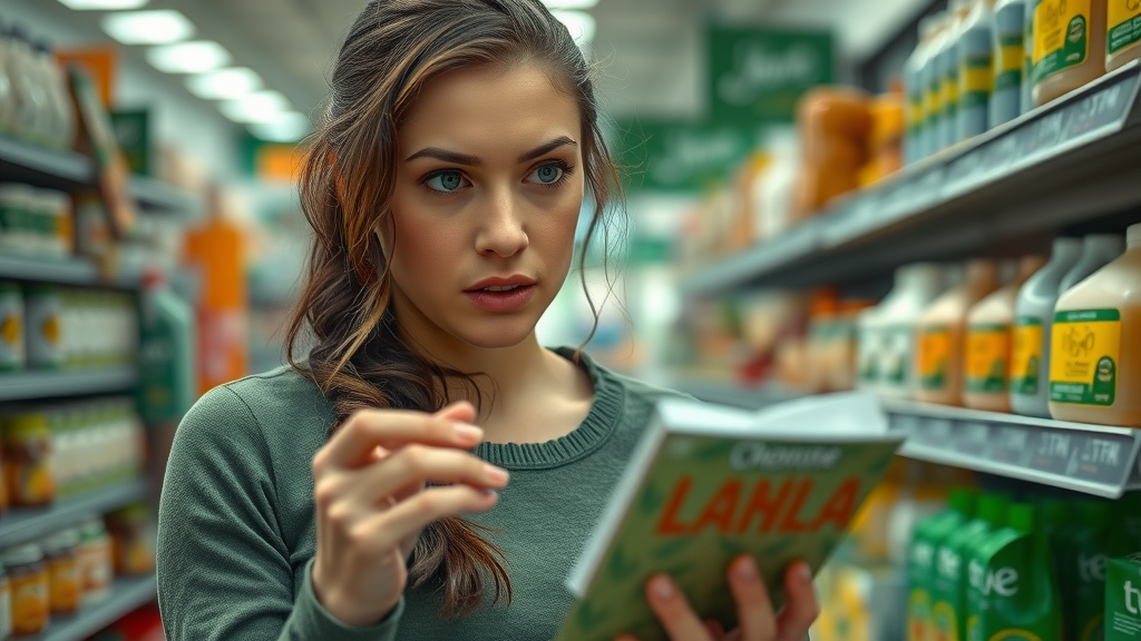 Ethical consumerism - Young woman examining eco-labeled products, skeptical about greenwashing