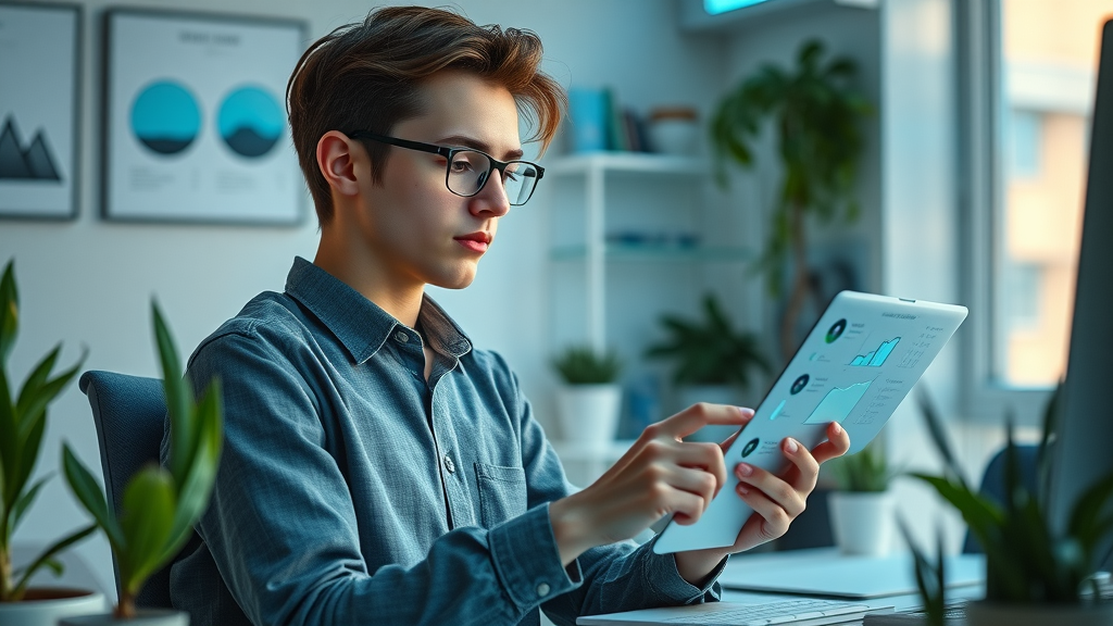 Calm young adult researching sustainable lifestyle brands and tracking sustainable living tips success on a tablet surrounded by indoor plants