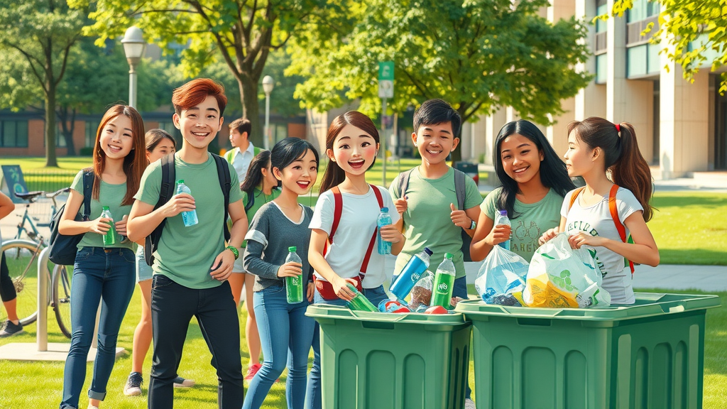 carbon footprint reduction campus recycling drive students with reusable bottles and bikes