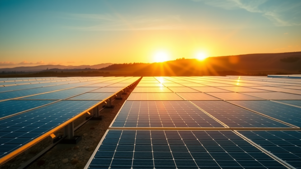 High-tech solar farm at sunrise with rows of solar panels capturing sunlight, representing solar energy as a major renewable energy source