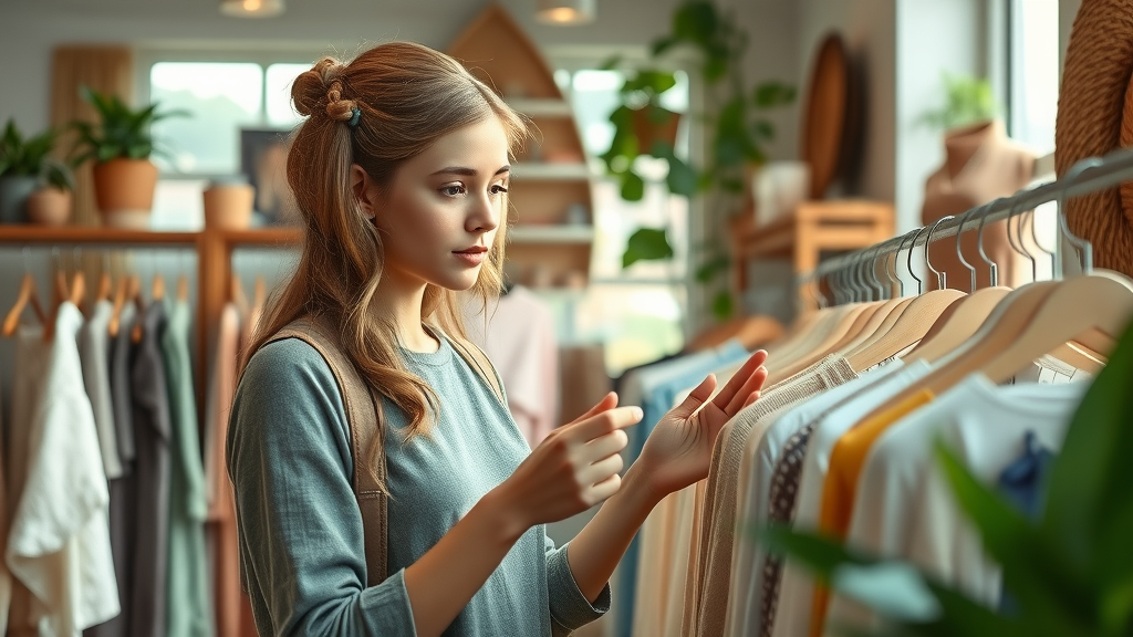 person shopping sustainable organic clothing for eco-friendly lifestyle and textile recycling
