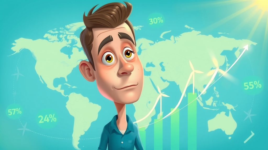 Infographic showing rising global electricity percentages from renewable energy sources with a mapped background