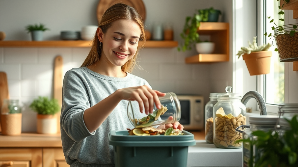 Zero-waste kitchen scene with woman composting food scraps and storing bulk food in glass jars as a sustainable living tip