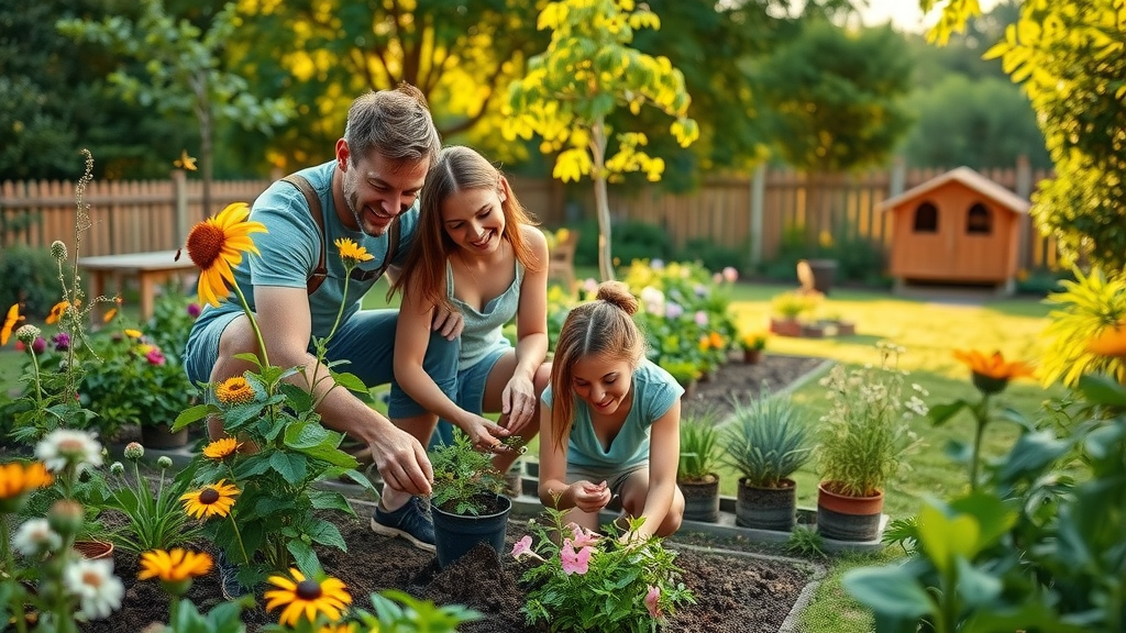 Enthusiastic couple planting native flowers and creating a pollinator-friendly, sustainable garden to absorb carbon and encourage biodiversity