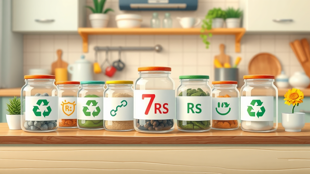 Sustainable living: labeled kitchen jars for the 7 Rs, reinforcing the circular economy principle