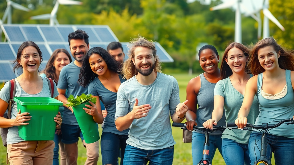 reduce your carbon footprint diverse group practicing sustainable habits like biking and recycling with renewable energy in background
