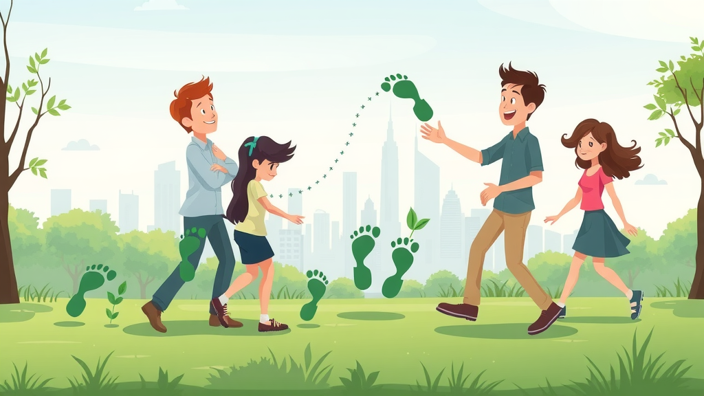 Infographic of the carbon footprint transforming into plants: people engage in sustainable living practices