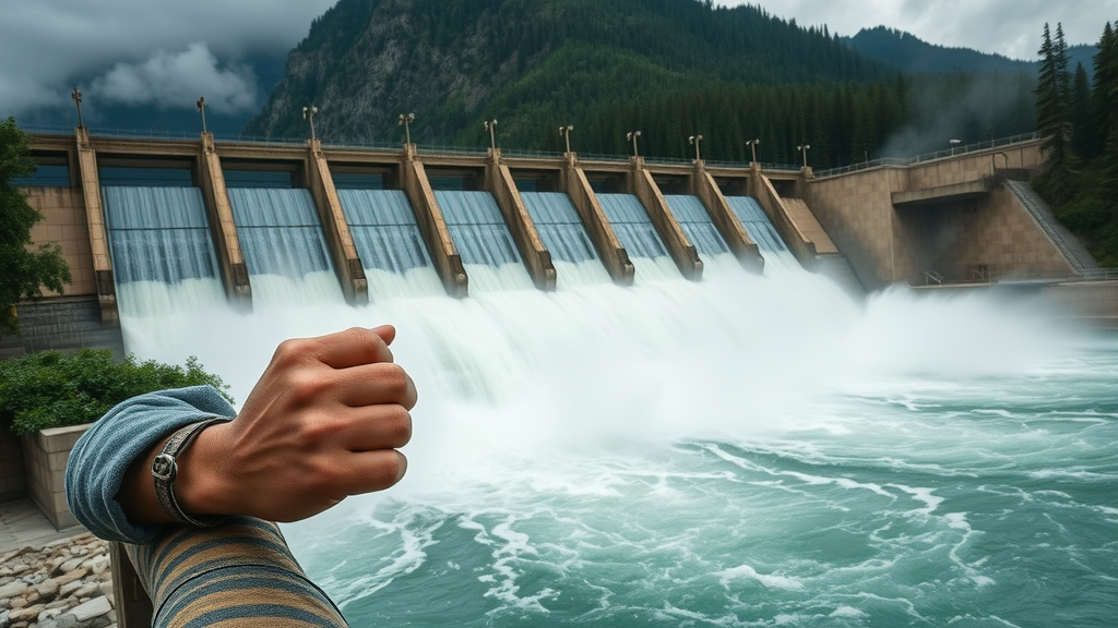 A hydroelectric dam releasing water, surrounded by mountain and forest landscape, representing hydropower in renewable energy sources