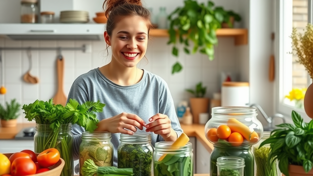 cheerful person organizing food in reusable containers to reduce food waste eco-friendly lifestyle
