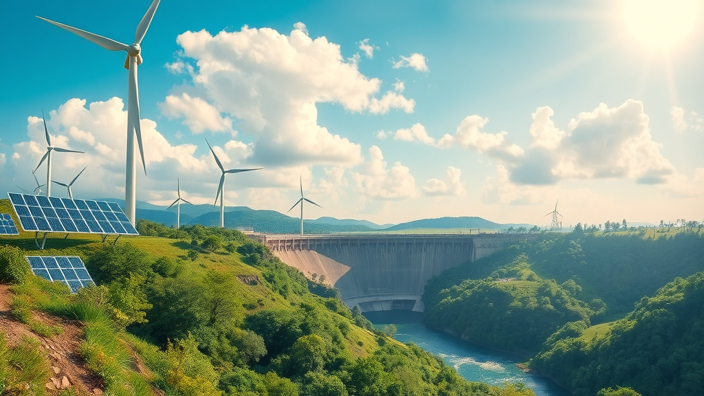 Vibrant landscape with renewable energy sources, including solar panels, wind turbines, hydroelectric dam, and lush greenery, representing the diversity of renewable energy sources