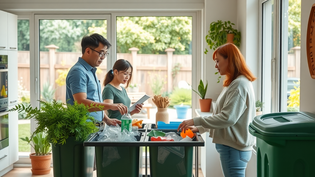 How to make a difference: Eco-friendly home, family recycling household waste with lush backyard view