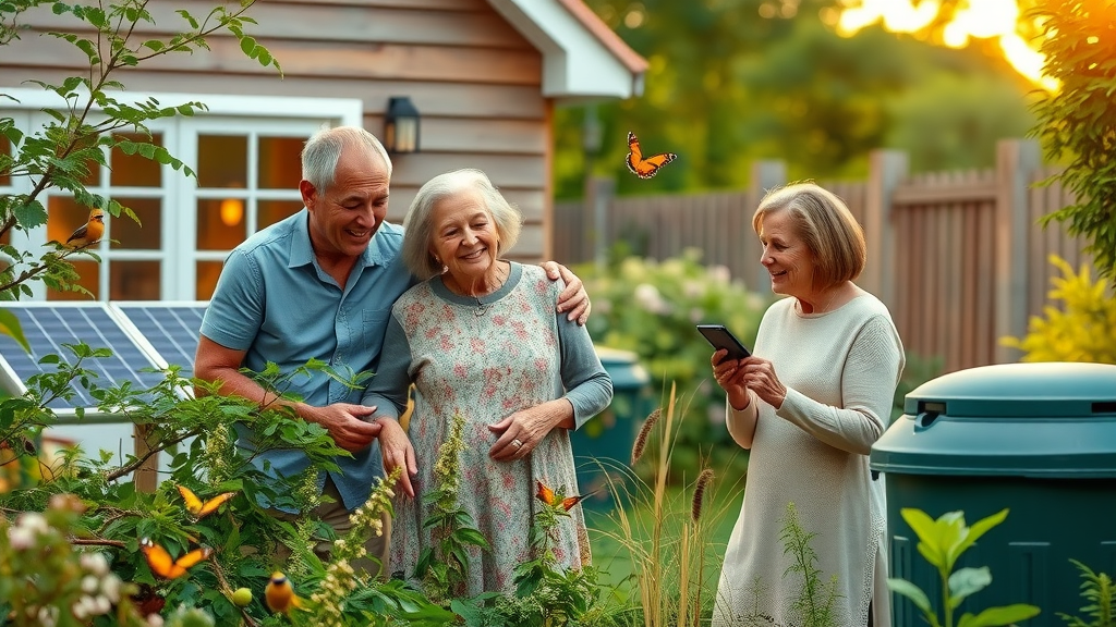 Sustainable lifestyle family enjoying their earth-friendly home with backyard garden, solar panels, and compost bin practicing sustainable living tips
