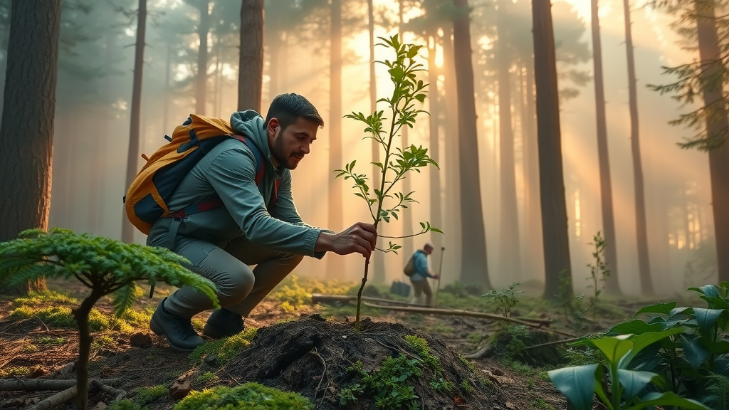 Individual action for climate change: person planting a tree to offset greenhouse gas emissions