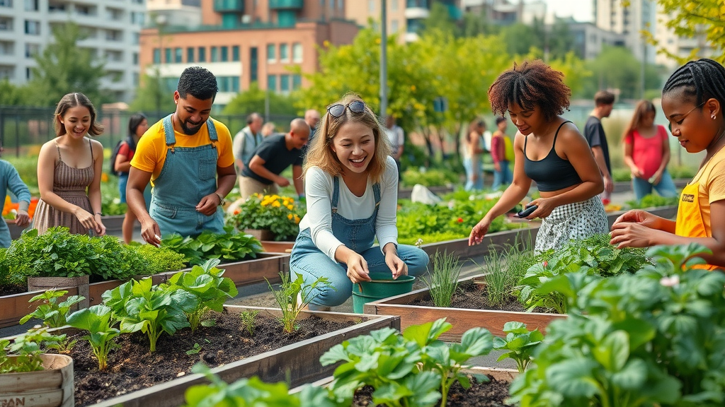 people gardening in a community garden for sustainable eco-friendly lifestyle and improved air quality