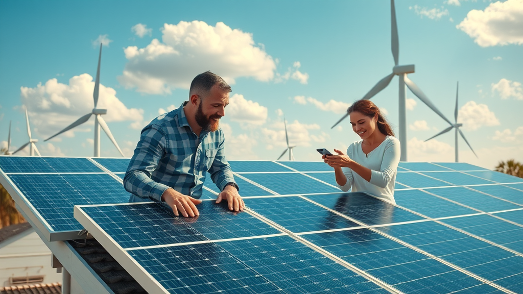 Modern energy-efficient home rooftop with solar panels, family inspecting solar PV, renewable energy in green home design