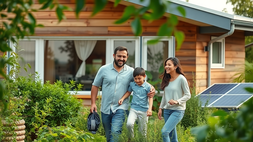 Inviting modern green home exterior with happy family, sustainable living, solar panels, lush garden, green home design