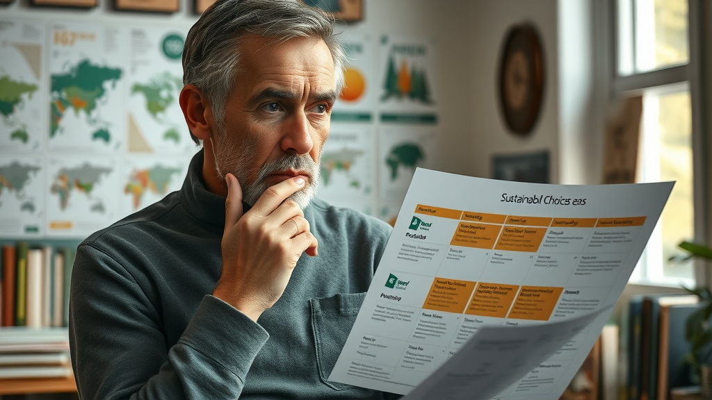Contemplating sustainable living: person reviews chart of eco-friendly choices and challenges