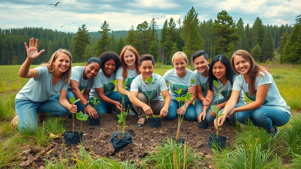 Environmental conservation: Volunteers planting young trees in a protected reserve, surrounded by mature forests and swaying grass
