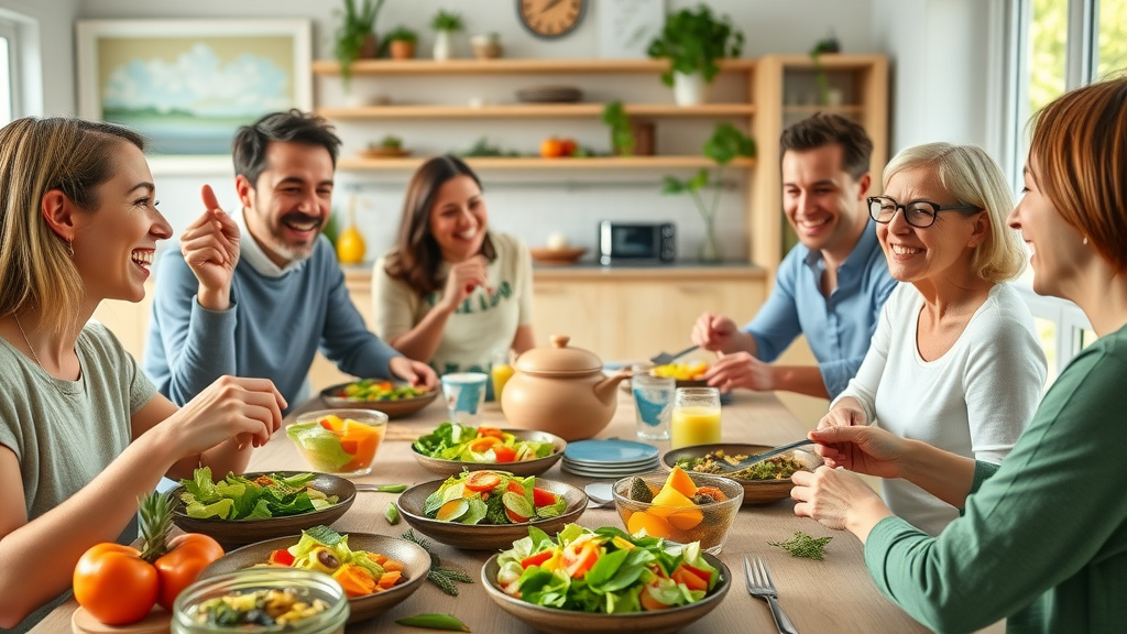 Family enjoying plant-based meals and sustainable lifestyle choices together at home