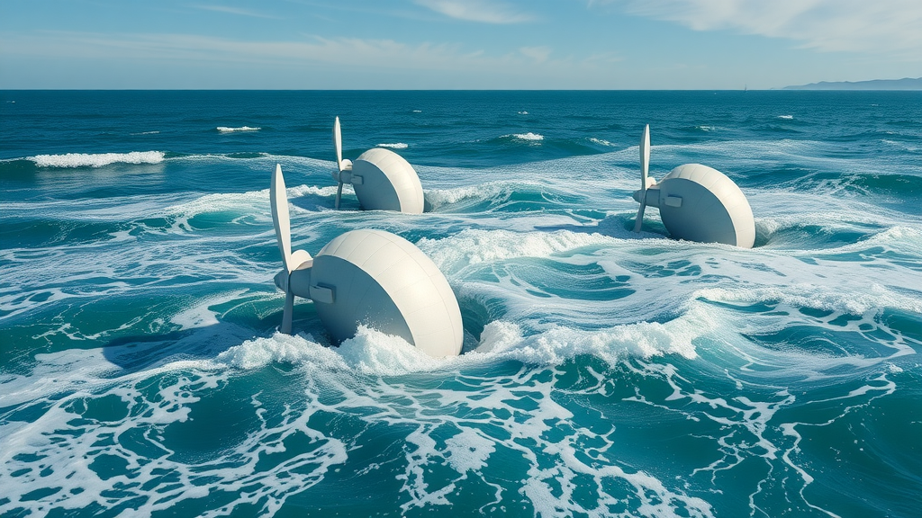 Futuristic tidal and wave energy generators harnessing ocean currents and waves as renewable energy sources