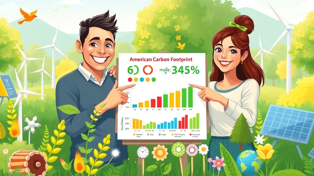 Infographic showing American carbon footprint statistics with family exploring sustainable living tips in a green urban park with windmills and solar panels