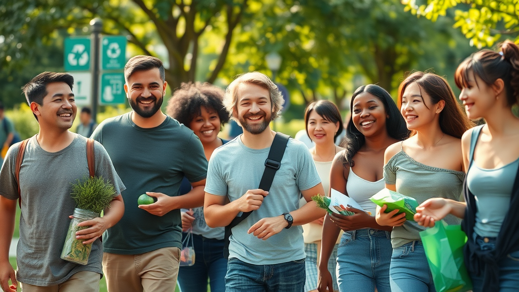 eco-friendly lifestyle diverse group collaborating in a green park with recycling and sustainable habits