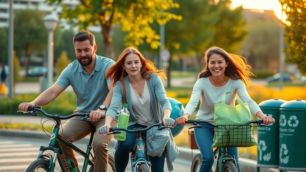 Reducing carbon footprint - Environmentally conscious family cycling and using reusable bags