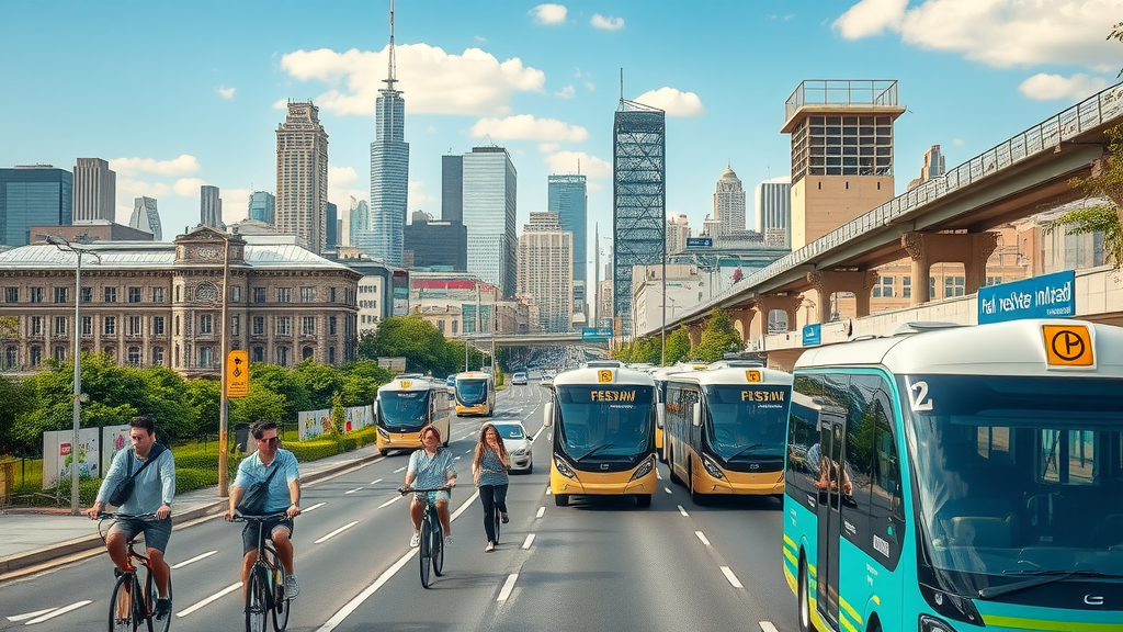 sustainable transportation vibrant city with electric vehicles, cyclists, clean buses, solar infrastructure