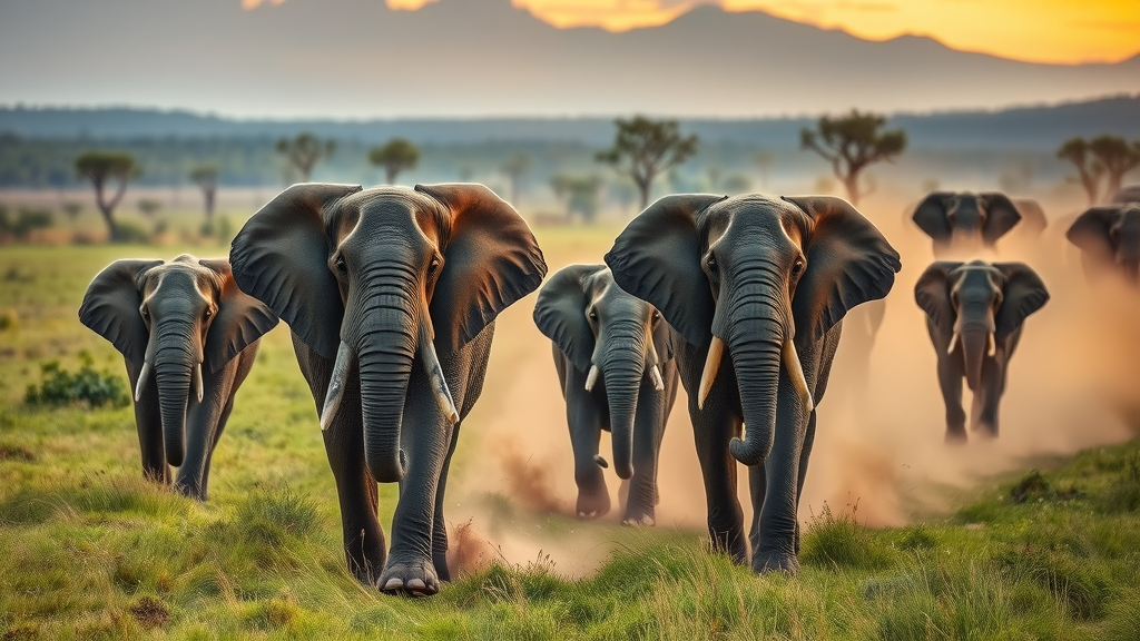 Wildlife conservation: Majestic wild elephants traversing lush savannah, with grasslands and acacia trees