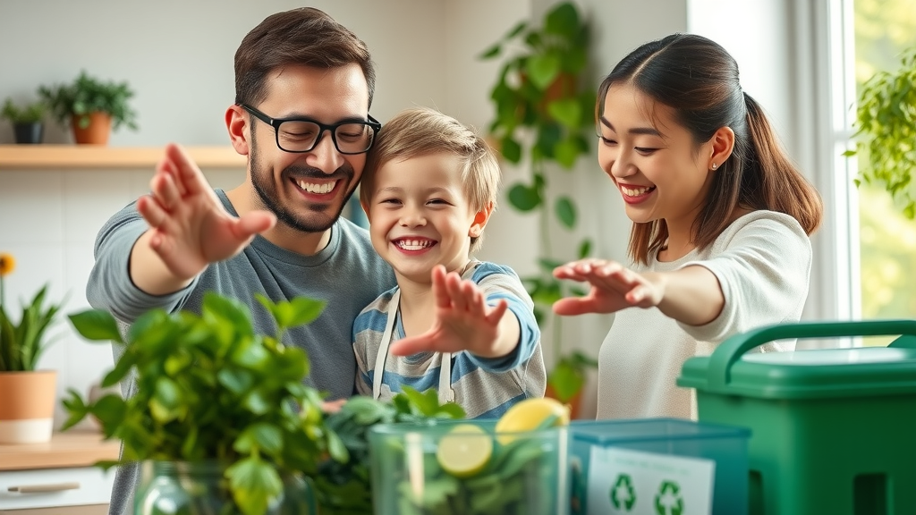 Sustainable living at home: eco-friendly family sorting recyclables in a modern kitchen
