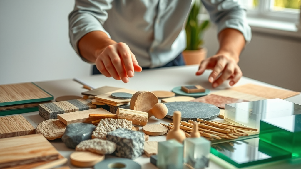 Architect inspecting organic building materials for eco-friendly home, local wood, stone, bamboo; green building, green home design