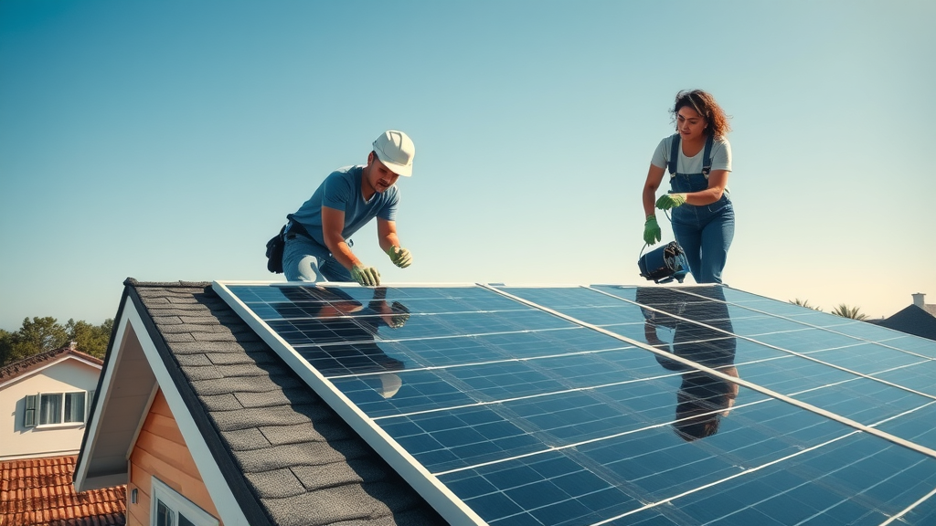 Diverse technicians installing solar panels—sustainable living with renewable energy at home