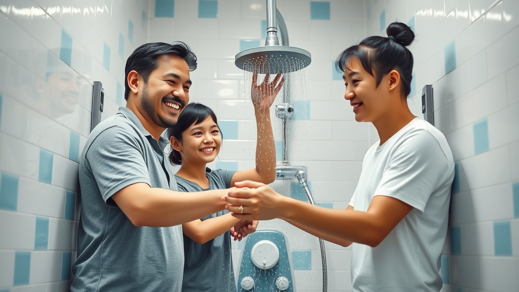 Family practicing sustainable living by installing a water-saving showerhead in a modern bathroom