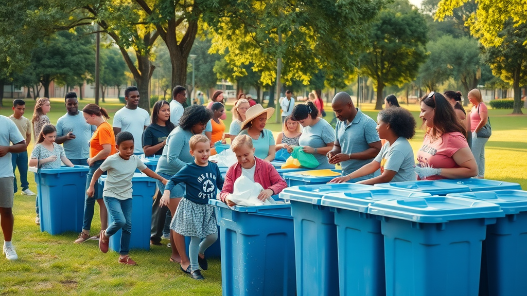 Diverse volunteers collaborating at a neighborhood recycling program cleanup partnered with sustainable living initiatives