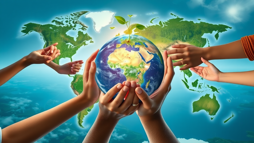 Climate change: Hands holding seedling Earth, montage of forests, oceans, renewable energy, signifying global climate action