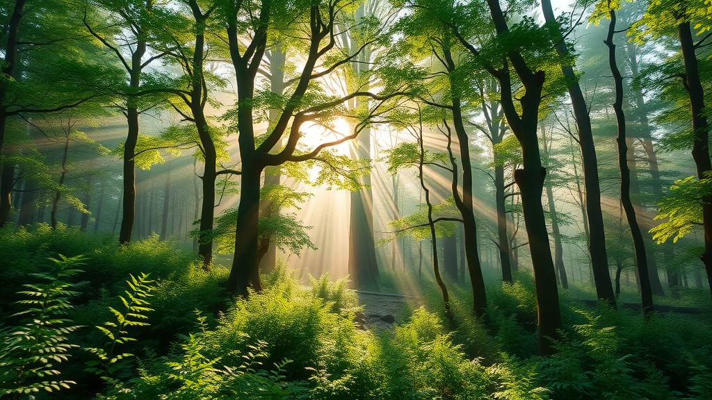 Environmental conservation: thriving forest with lush greenery, beams of morning sunlight, pristine natural ecosystem