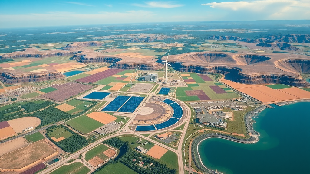 Aerial view of the U.S. renewable energy landscape with solar panels, wind farms, and diverse American terrain