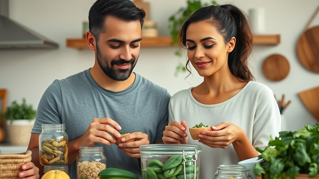 Sustainable routines - Ethical consumer couple preparing groceries in a modern sustainable kitchen
