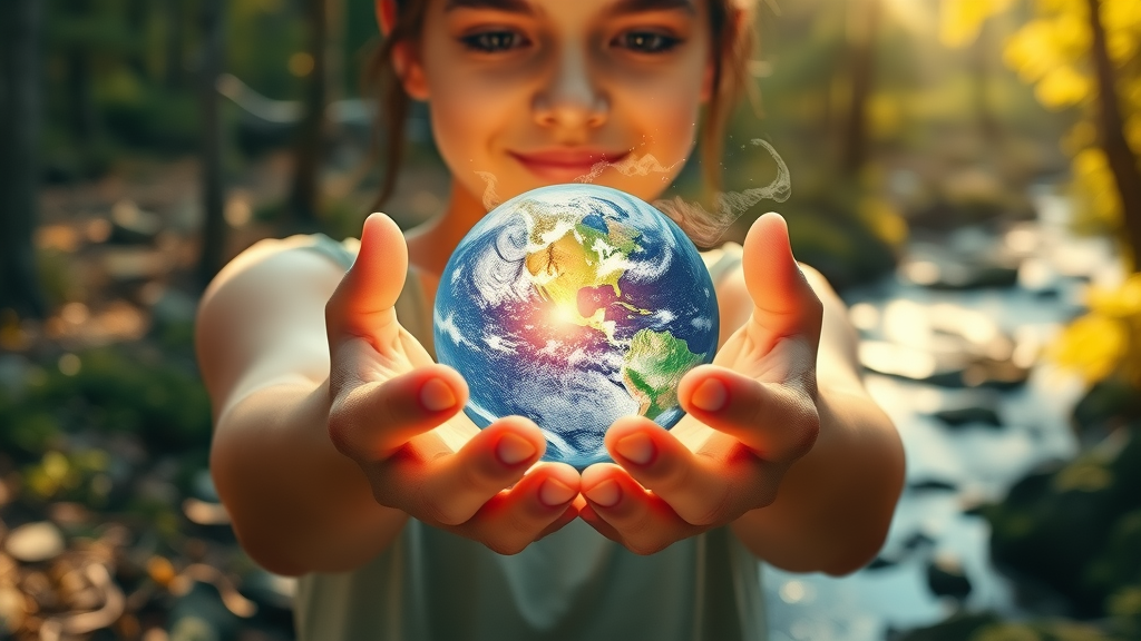 Hands holding a glowing globe surrounded by sunlight, wind, and water elements representing renewable energy sources