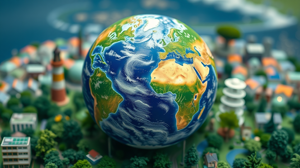 Globe encircled by sustainable activities like biking, recycling, and solar panels: a portrait of sustainable living