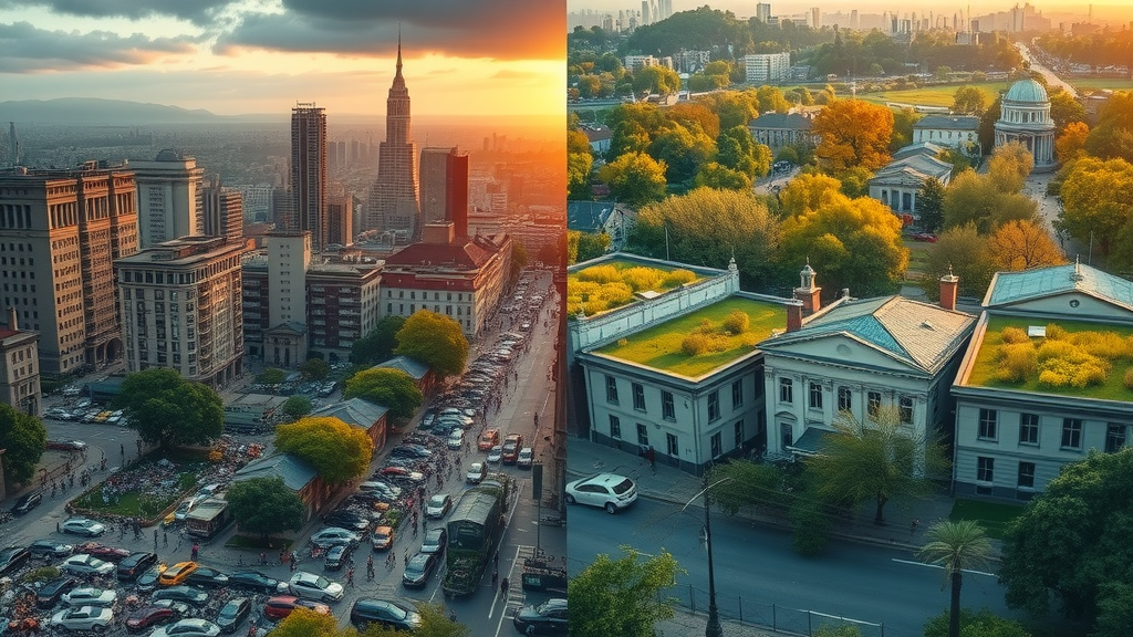Contrast between wasteful urban living and vibrant sustainable eco-city with green infrastructure