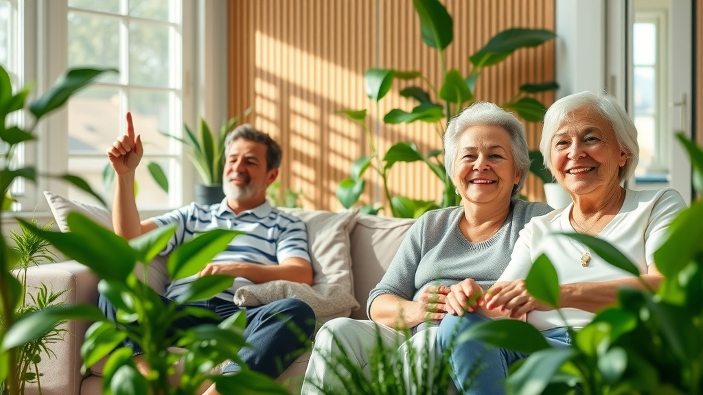 Serene eco-friendly living room with indoor plants, happy residents, air-purifying greenery, green home design