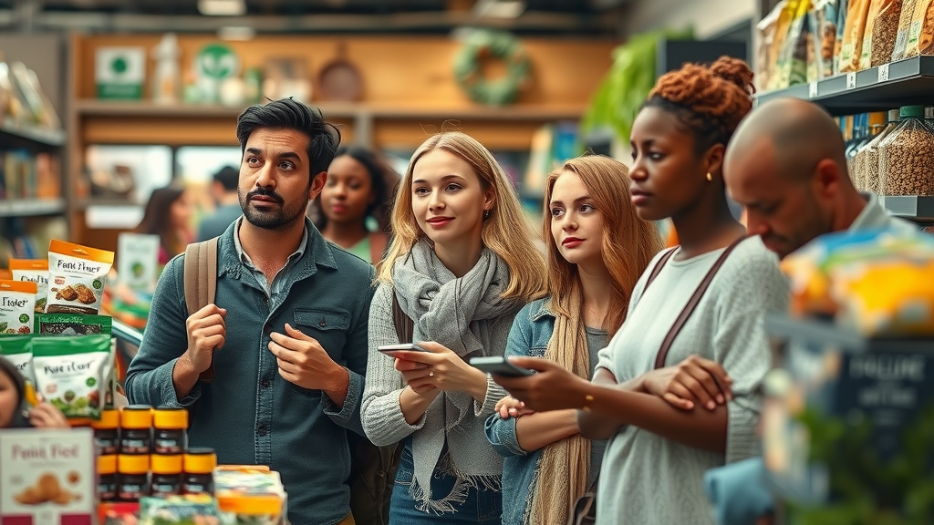 Ethical consumerism - Diverse shoppers browsing fair trade, eco-friendly products in a bustling supermarket