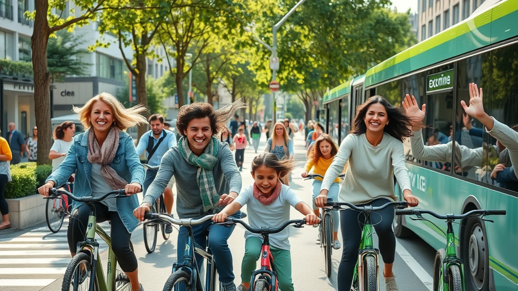 People riding bikes and boarding a clean energy bus in a sustainable urban city utilizing public transit for lower carbon footprint