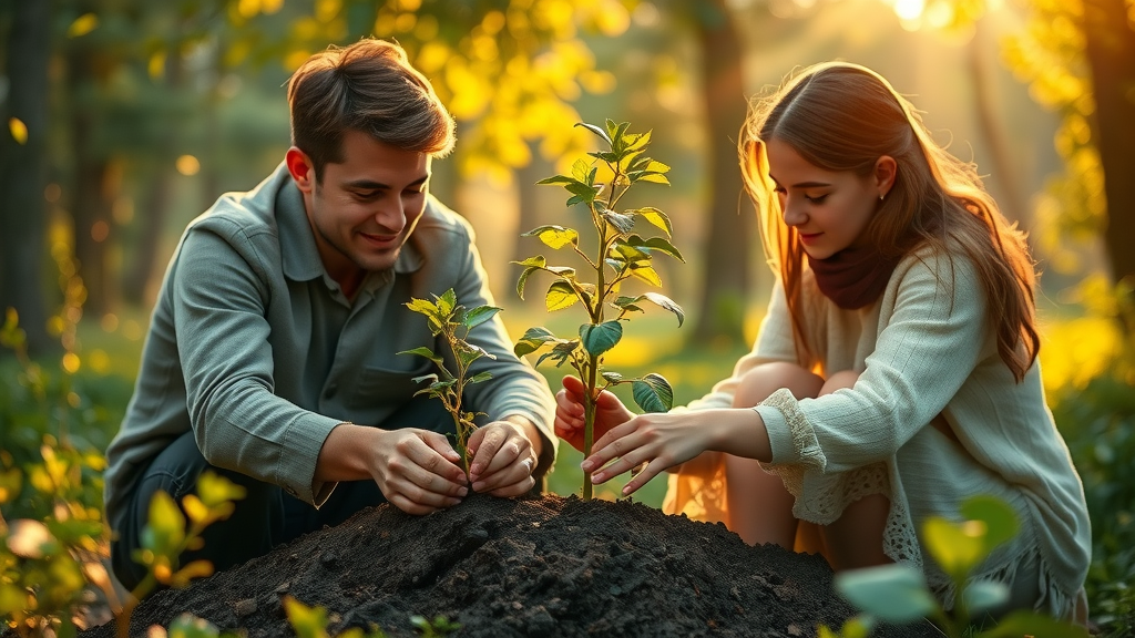carbon footprint reduction family planting tree saplings magical forest glade sunset