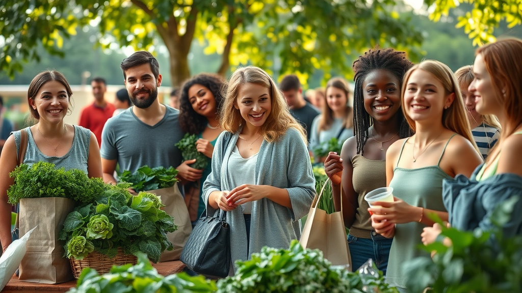 Ethical consumers - Diverse people shopping with reusable bags and sustainable products at a farmers market