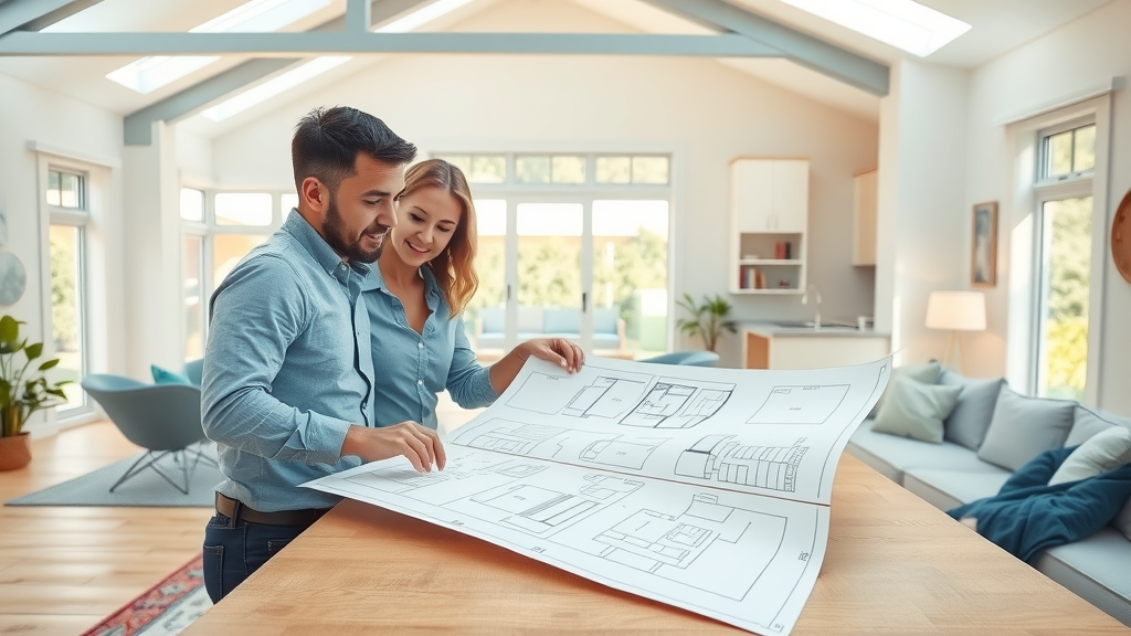 Architect couple reviewing sustainable open-plan floor plans, eco-friendly home design, bright interior, floor plan