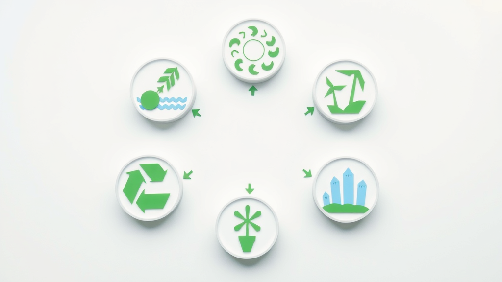 Icons representing five main renewable energy sources—solar, wind, hydropower, geothermal, and biomass—arranged in a synergistic circular pattern
