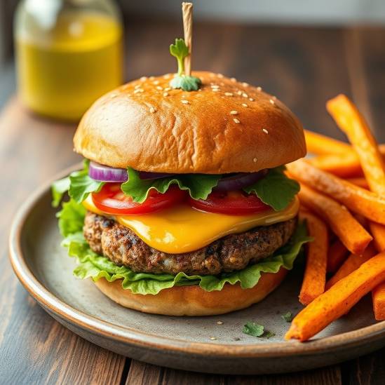 Delicious plant-based burger served with crispy sweet potato fries.